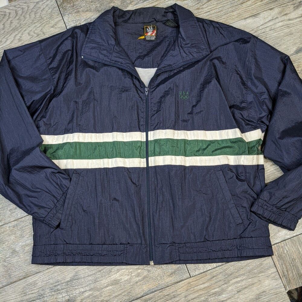 Vintage JC Penny USA Olympic Lined Windbreaker Jacket Size Large Blue w/ Stripes